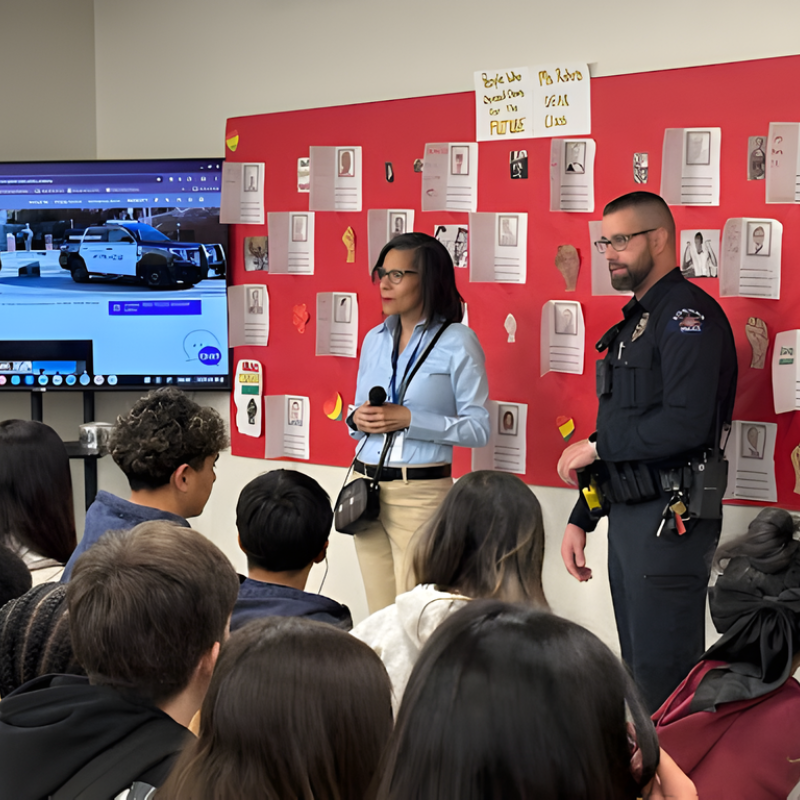 Guest speakers presenting in front of a tv featuring police vehicles