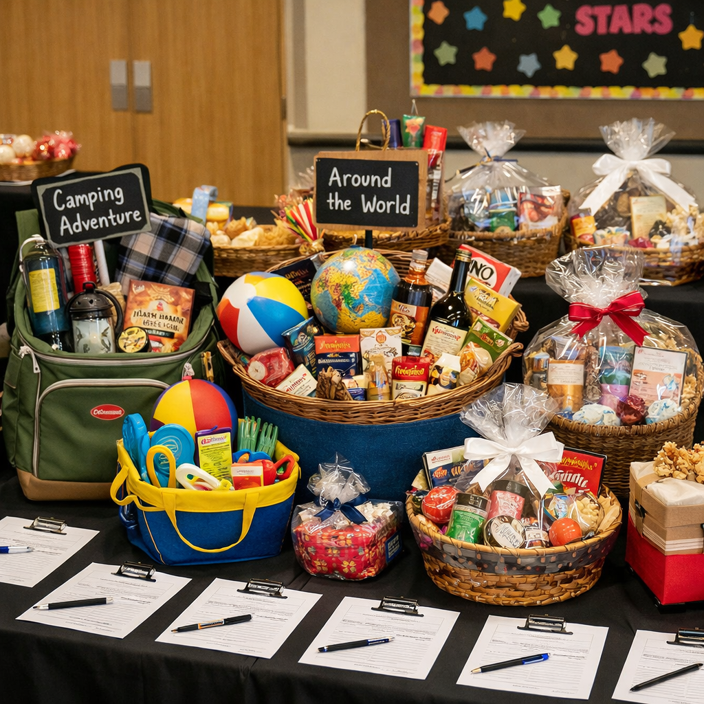 Table with gift baskets and papers to sign up for the auction