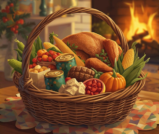 Basket full of traditional Thanksgiving foods like corn turkey pumpkin and canned veggies