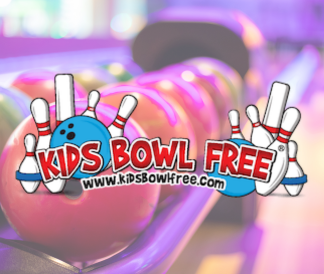 Kids bowl free logo in front of bowling ball return machine