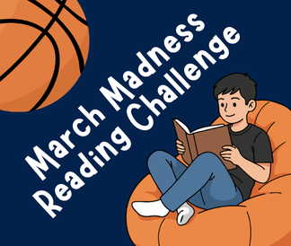 March Madness Reading Challenge with basketball and child reading