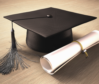 Black graduation cap with a rolled up diploma