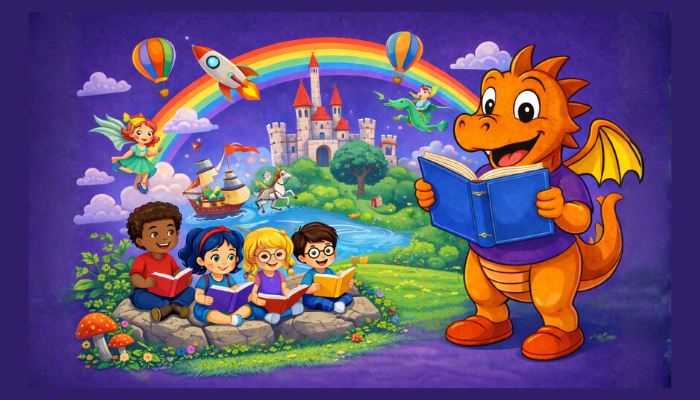 Dragon reading a book and children reading and magical elements all around the background