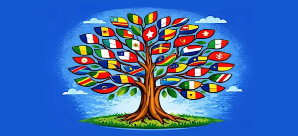 AI tree illustration with leaves featuring flags from French speaking countries