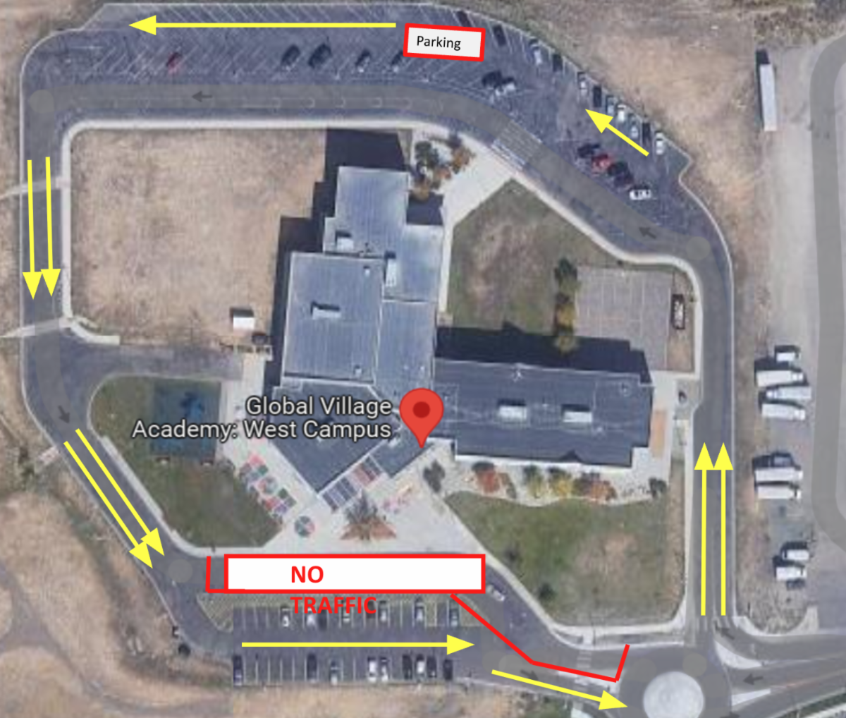 aerial view of global village academy west campus with yellow arrows showing elementary drop off traffic flow and no traffic zone marked in red