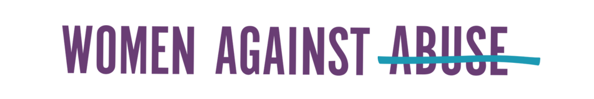 The Women Against Abuse logo in purple letters, with a teal line striking through the word "Abuse"