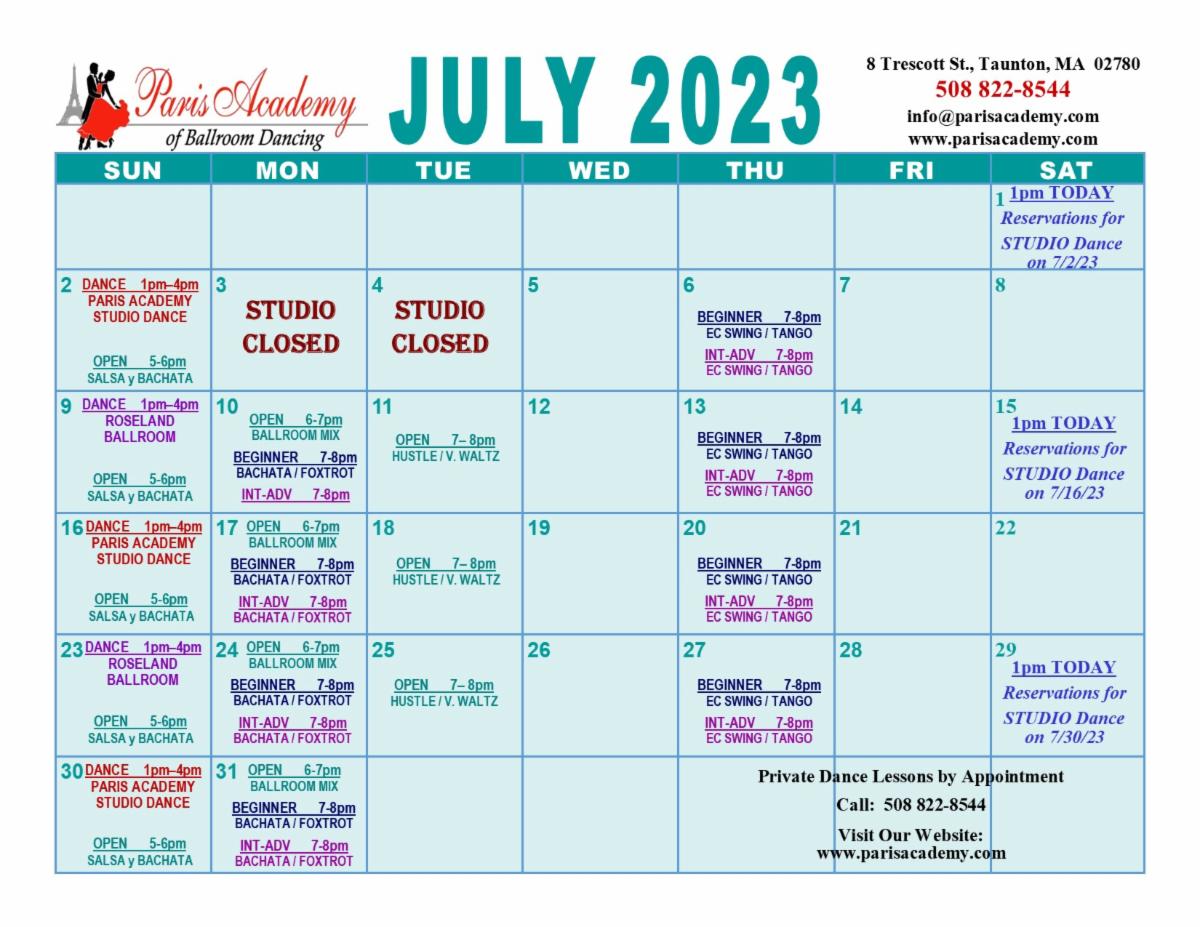 This Week's Class Schedule / July Calendar / Studio Dance / Roseland