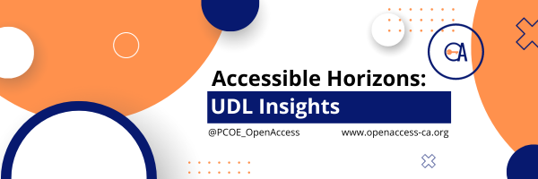 Accessible Horizons UDL Insights banner. Orange and blue circles with other geometric shapes. 