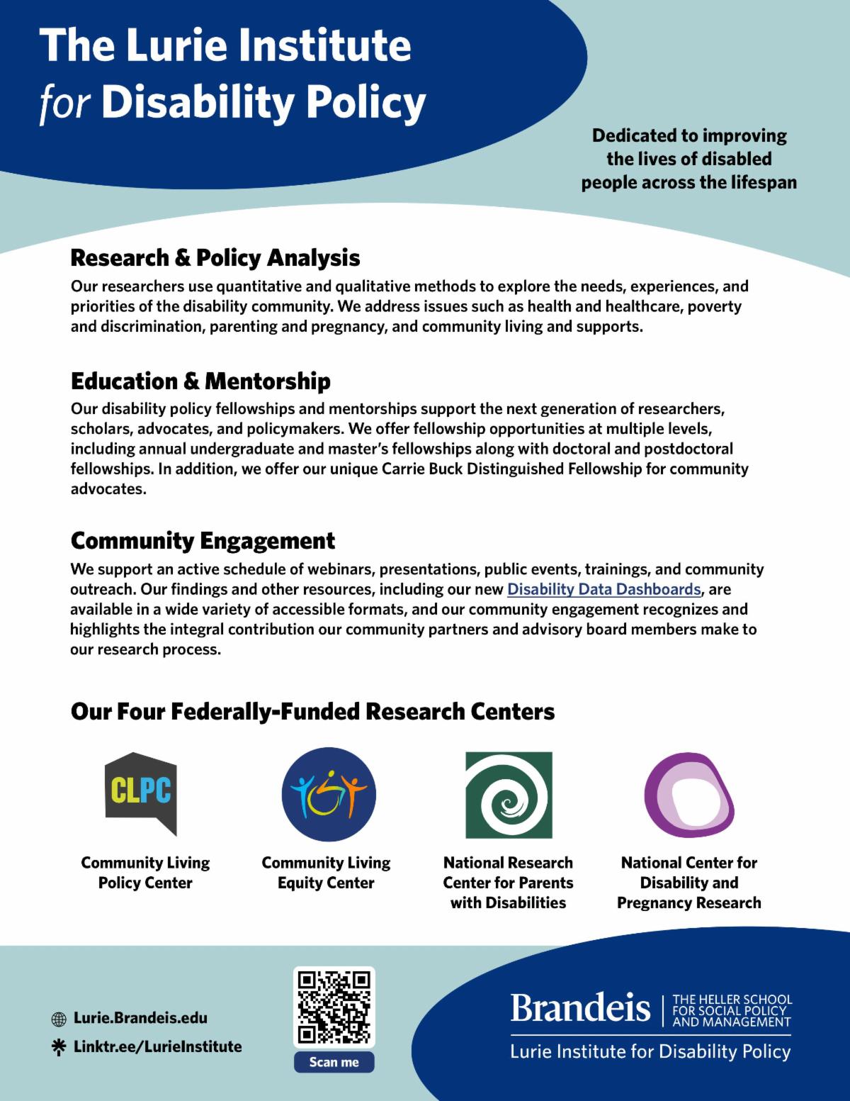 Preview of one pager describing the Lurie Institute for Disability Policy and its work.