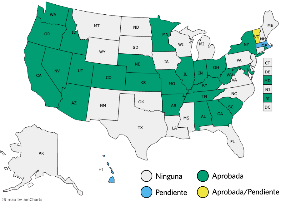 Mapa de Estados Unidos que muestra los estados que tienen leyes de apoyo a las madres y los padres discapacitados. Hay 23 estados que no tienen ninguna; esto se muestra en blanco. Si un estado tiene una ley aprobada o en trámite, esto se muestra en amarillo. Dos estados tienen proyectos de ley pendientes; esto se muestra en azul. Hay 24 estados que han aprobado una o varias leyes de apoyo a las madres y los padres con discapacidades; esto se muestra en verde.