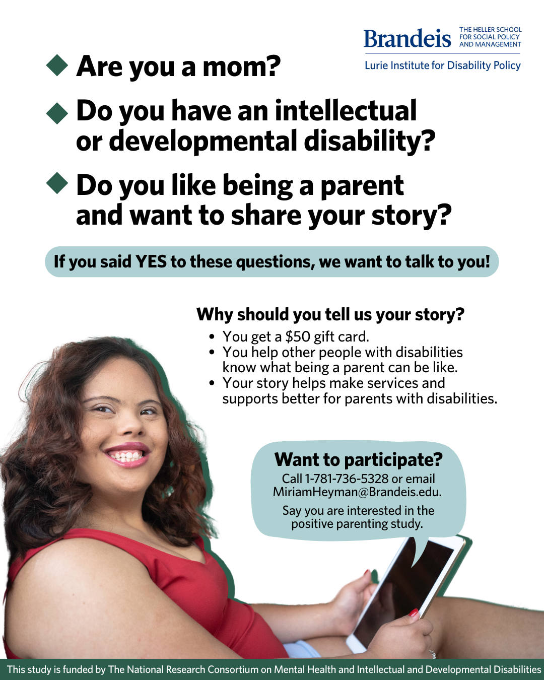 Preview of the study's recruitment flyer, featuring a Latina woman with I D D smiling. 