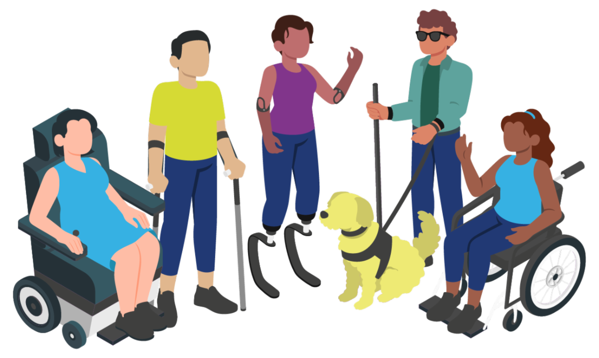 Illustration featuring six diverse individuals with visible disabilities. From left to right, the group includes a woman in a motorized wheelchair, a man with crutches, a woman with bilateral running blade prosthetics, a man using a cane and wearing dark glasses accompanied by a yellow guide dog, and a woman in a manual wheelchair raising her hand. The individuals are depicted in casual clothing and appear to be engaged in friendly conversation.