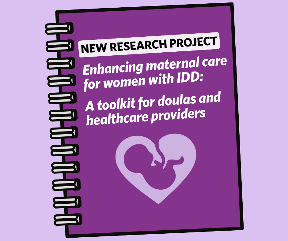 A notebook with text that reads ’New Research Project.' A baby in the womb is below the title text.