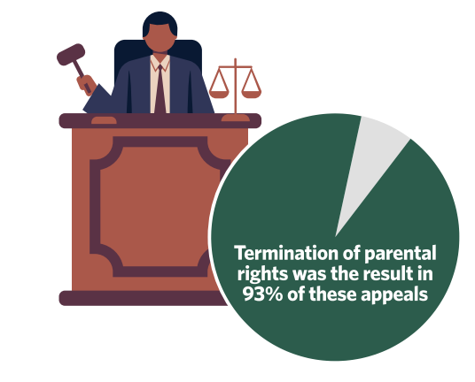 Illustration of a judge presiding of a case and a pie chart showing how 93% of TPR came from the appeals