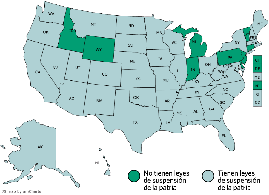 Mapa de Estados Unidos que muestra los estados con leyes que les retiran la patria potestad a las madres y los padres por motivos de discapacidad. Hay nueve estados que no tienen leyes de suspensión de la patria potestad por motivos de discapacidad parental. Esto está marcado en verde en el mapa. Hay 41 estados que tienen leyes sobre suspensión de la patria potestad por motivos de discapacidad parental. Esto aparece marcado en azul en el mapa.