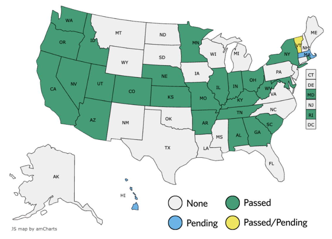Map of the United States showing states with laws that support disabled parents. 23 states have none, this is shown in white. One state has a passed or pending law, this is shown in yellow. Two states have pending laws, this is shown in blue. There are 24 states that have passed a law or laws supporting disabled parents. This is shown in green.