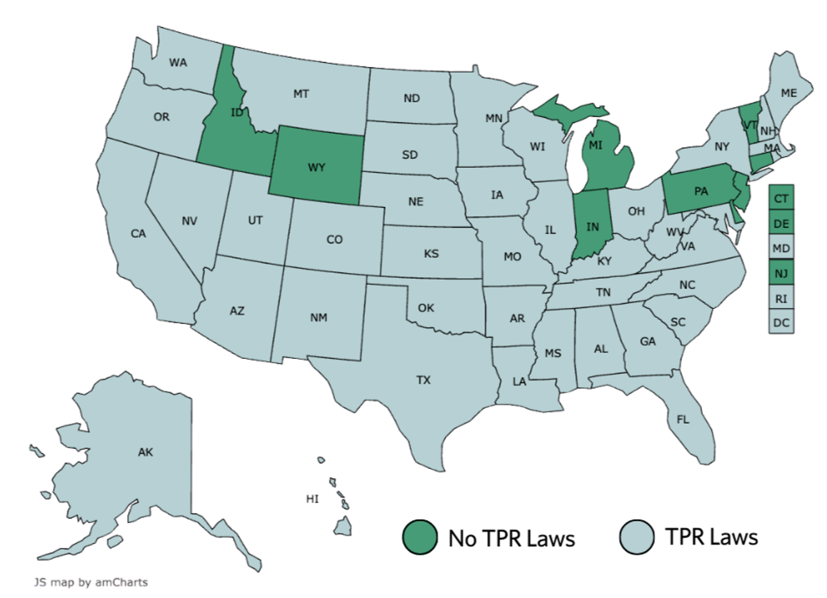 Map of the United States showing states with laws that terminate parental rights T P R based on disability. Nine states have no T P R laws based on a parent's disability. This is marked on the map in green. There are 41 states that have T P R laws based on a parent's disability. This is marked on the map in blue.