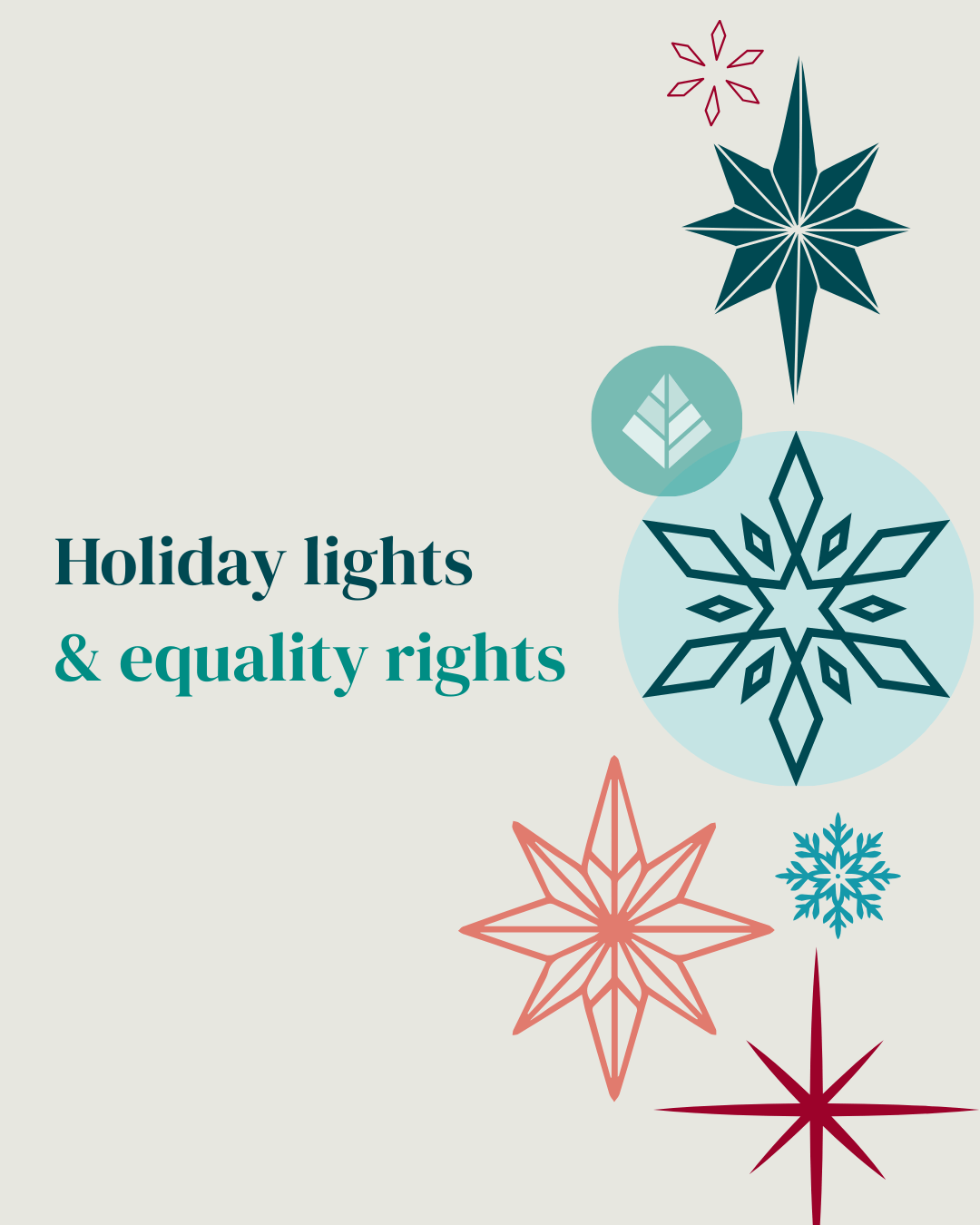 Festive gif with colour-changing snowflakes and stars. Text reads: "Holiday lights & equality rights".