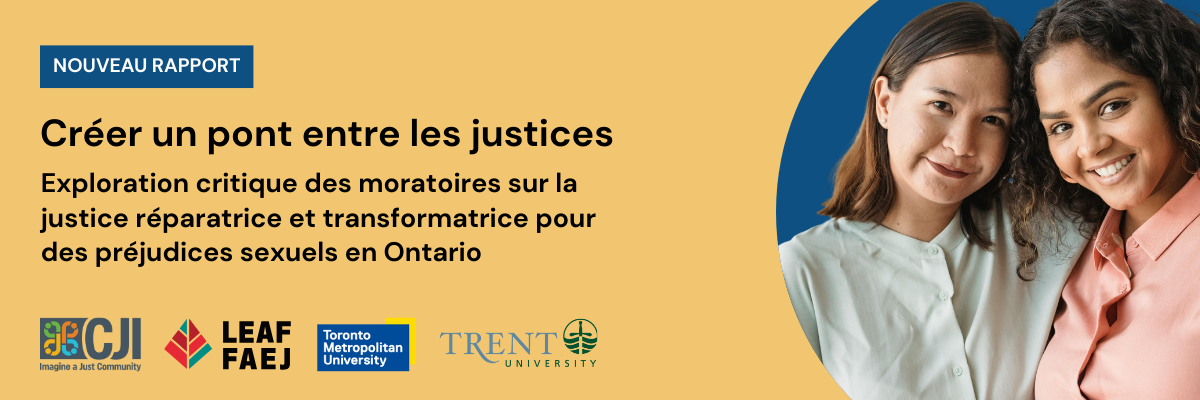Banner image with the Bridging Justices report title in French and an image of two people