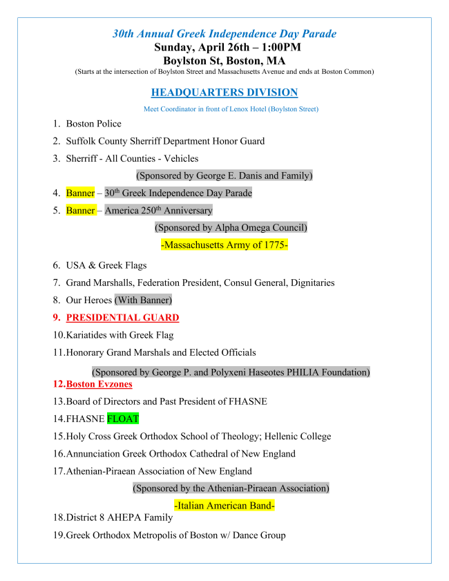 Parade lineup details