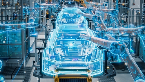 Front View Car Factory Digitalization  Automated Robot Arm Assembly Line Manufacturing High-Tech Sustainable Electric Vehicles. Futuristic AI Computer Vision Analyzing_ Scanning Production Efficiency