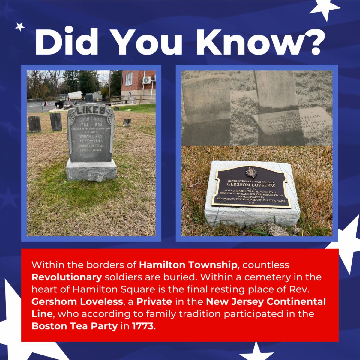Graphic with dark blue background, white stars, a red rectangle box, white text and a photo of revolutionary soldier grave sites
