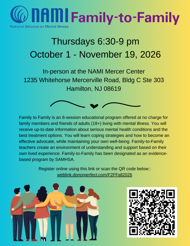 Rainbow gradient background with black text, an illustration of multicolored people, and the NAMI logo advertising family to family educational  sessions