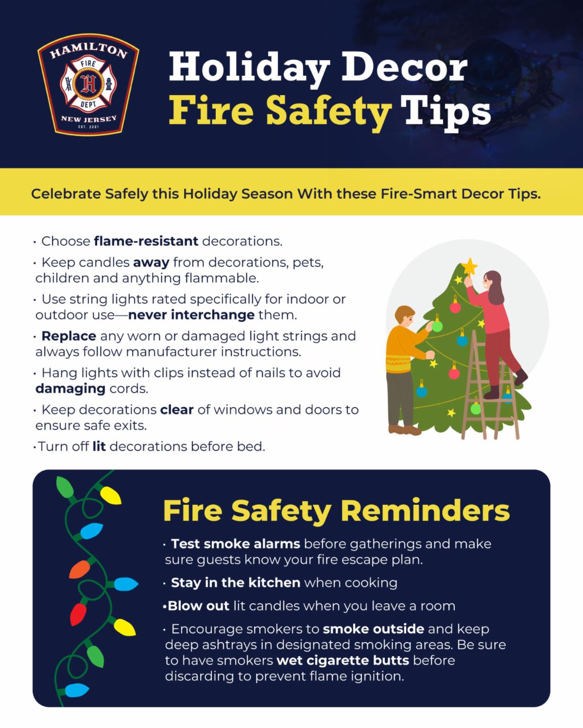 Flyer from the Hamilton Township Fire Division promoting holiday decor safety tips with navy blue graphic shapes a few yellow dividers and holiday themed graphic illustrations