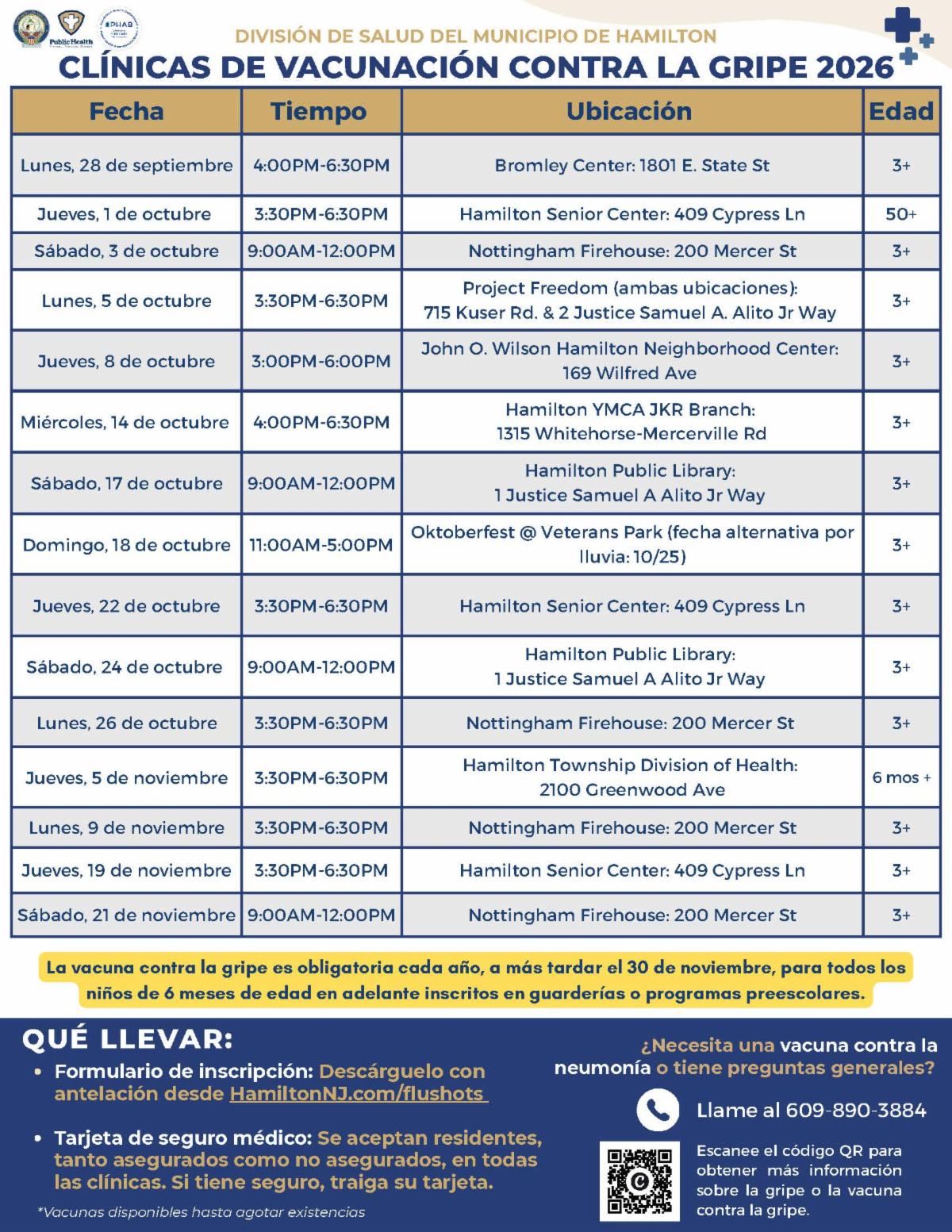 Flyer with flu clinic schedule in navy and gold text with navy blue text box with information on what to bring to the hamilton township flu clinics spanish