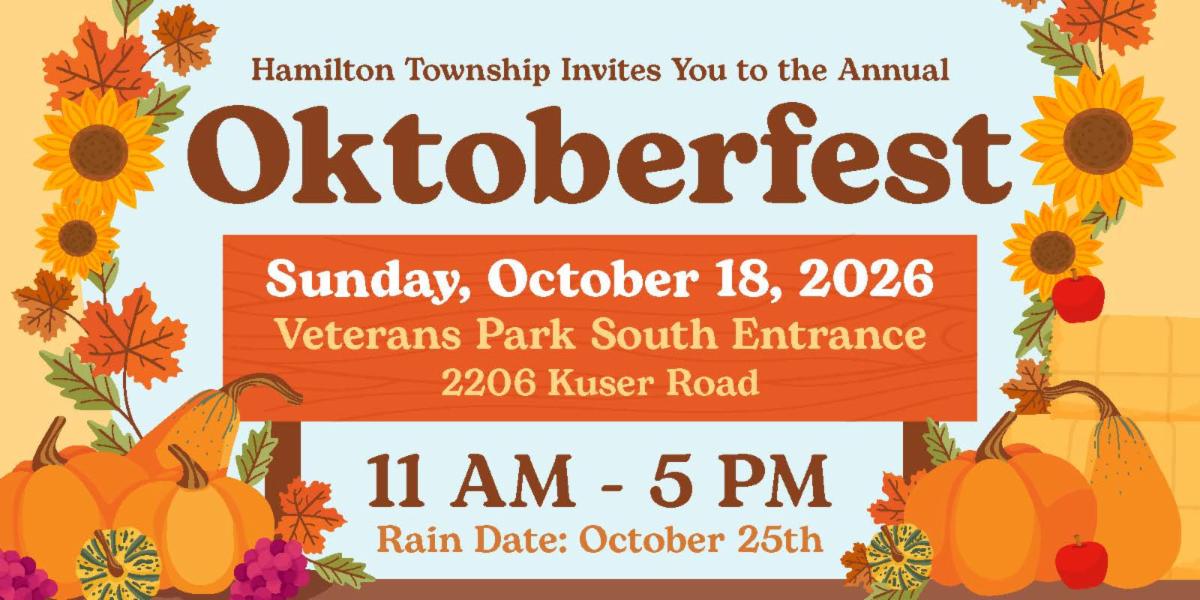 Graphic with fall themed illustrations, text box divider, and multicolored text promoting the hamilton township oktoberfest event in various orange, yellow, brown, purple and red colors. 