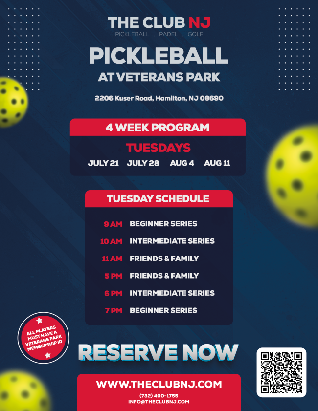 flyer with blue background, neon yellow pickleball graphics in different focuses, with white and red text, dark blue and red text charts advertising the pickleball at veterans park session 3 flyer and upcoming dates from the club at monroe