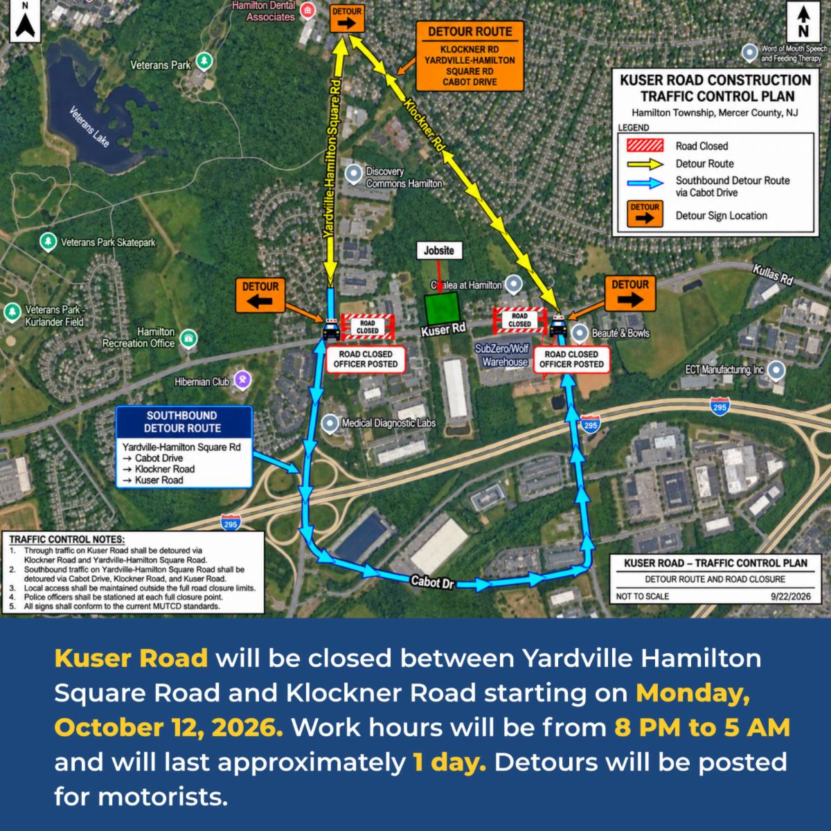 Graphic with road closure mapping and detours with blue bar and yellow and white text explaining details