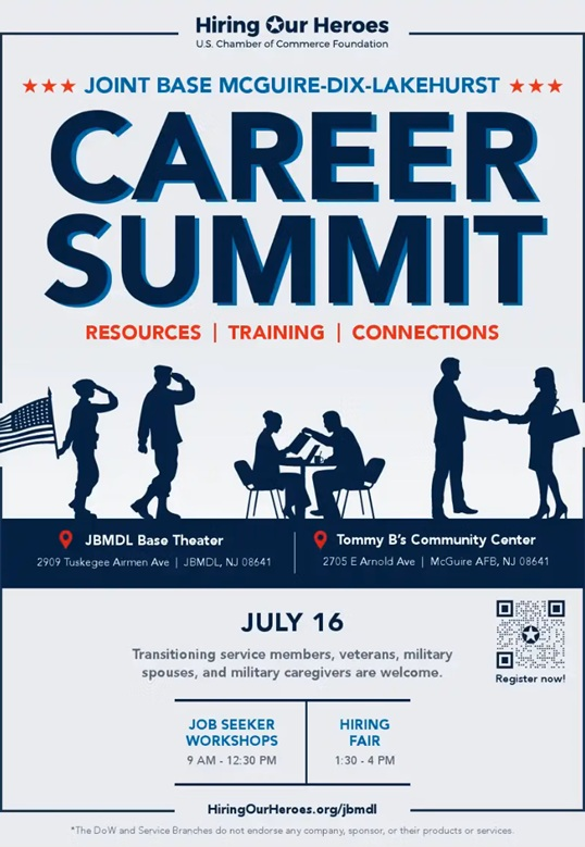 Flyer with navy blue silhouettes of soldiers, navy blue text and QR code advertising the Helping Our Heroes career summit  for veterans
