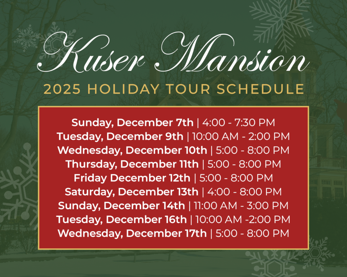 flyer with green background and transparent snowflakes and photo of kuser mansion with red text box promoting kuser mansion tour dates.
