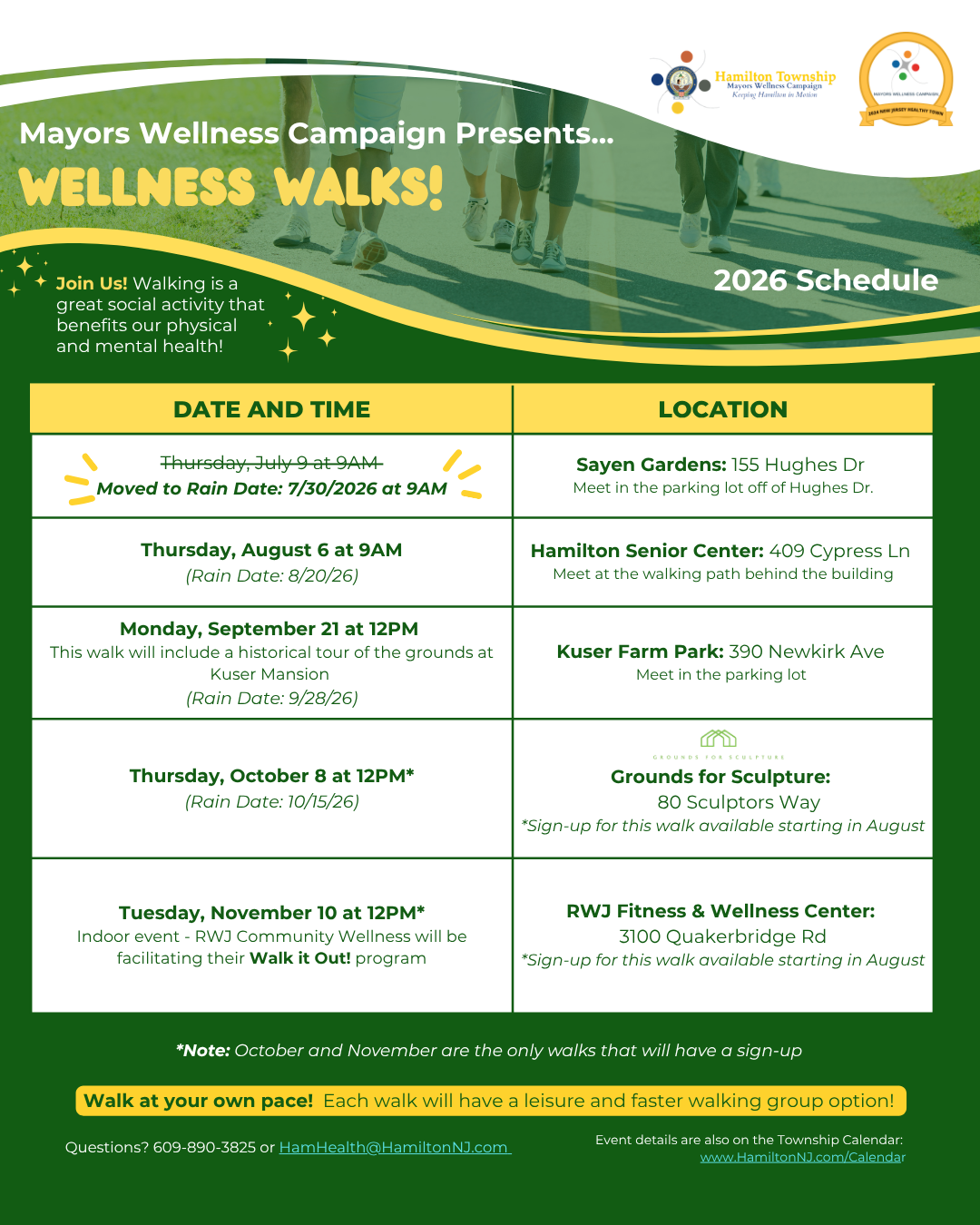 Flyer with green, and yellow graphics showing a schedule of the Mayors Wellness Walks for 2026 with  closeup of shoes walking at the top.