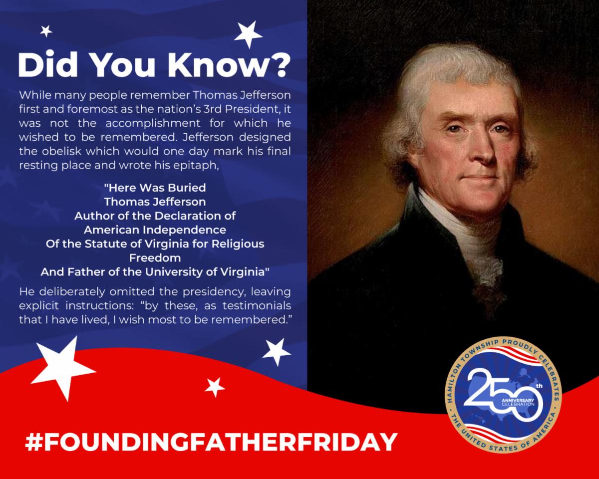 Graphic with photo of Thomas Jefferson on the right, and a blue background half on the left with a translucent american flag and white text with red swoosh border at the bottom and Hamilton Township's 250th logo advertising the next Founding Father fact