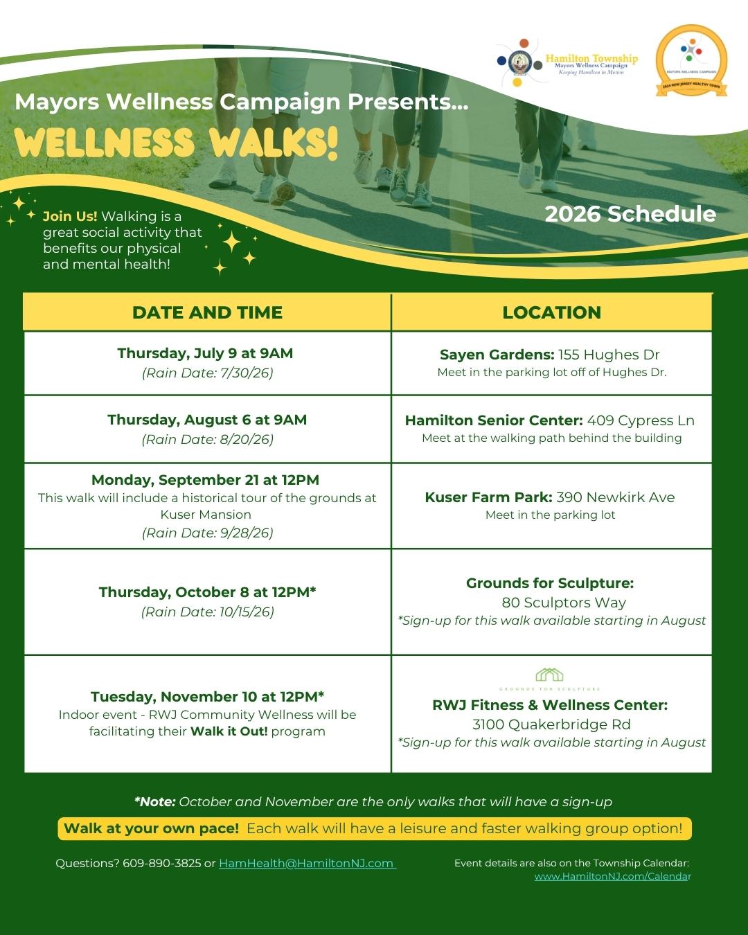 Flyer with green, and yellow graphics showing a schedule of the Mayors Wellness Walks for 2025 with  closeup of shoes walking at the top.