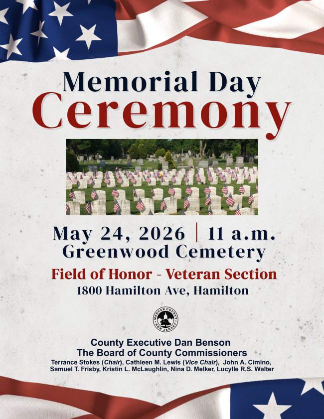 Flyer with image of memorial flags at cemetery with numerous headstones and a background with a rough paper texture with a top border of the american flag.