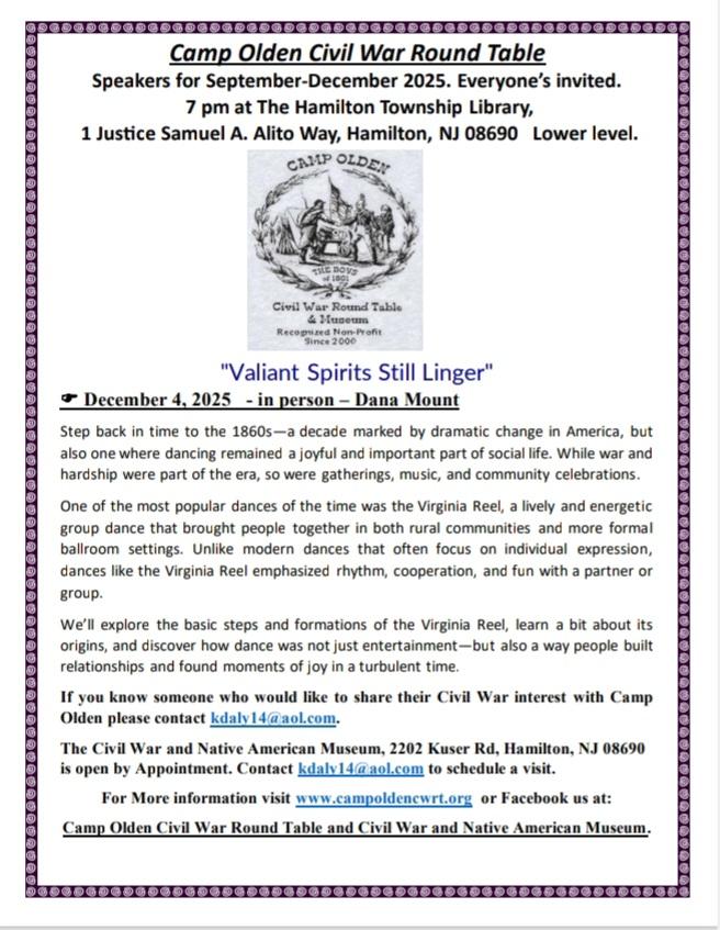 flyer of camp olden civil war round table program on december 4th promoting virignia reel dance with black and white text and purple rectangular border