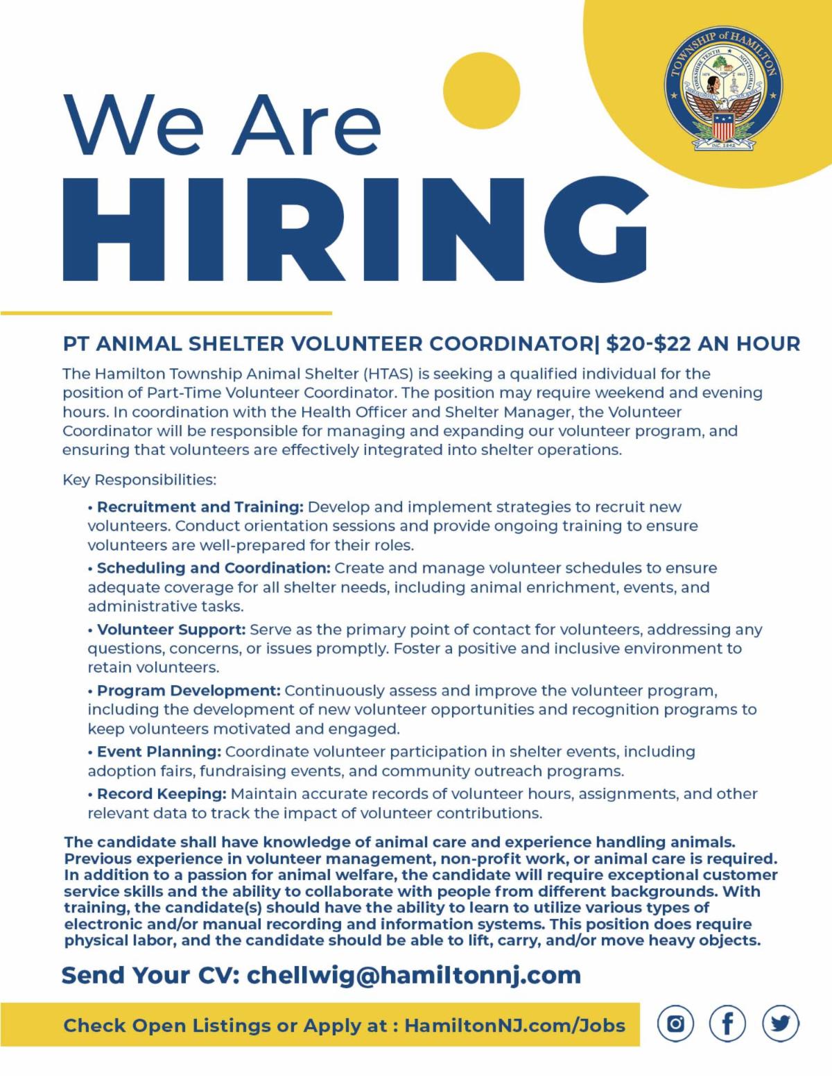 Hiring flyer with navy blue bold and thin text, with yellow shapes advertising the Animal Shelter Volunteer Coordinator at Hamilton Township with township seal.