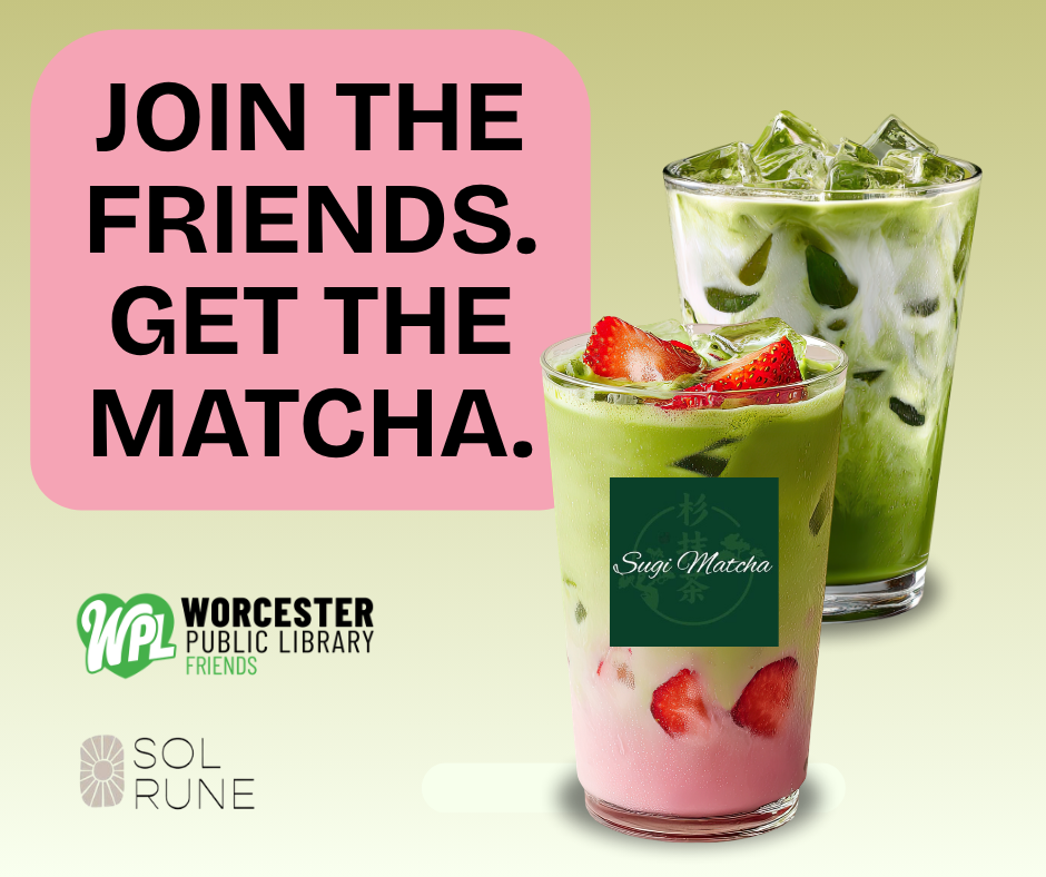 Join the Friends. Get the Matcha graphic featuring two matcha drinks.