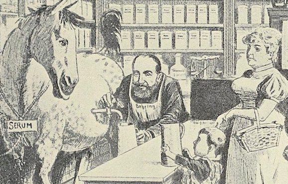 Caricature of tapping a horse for antiotoxins