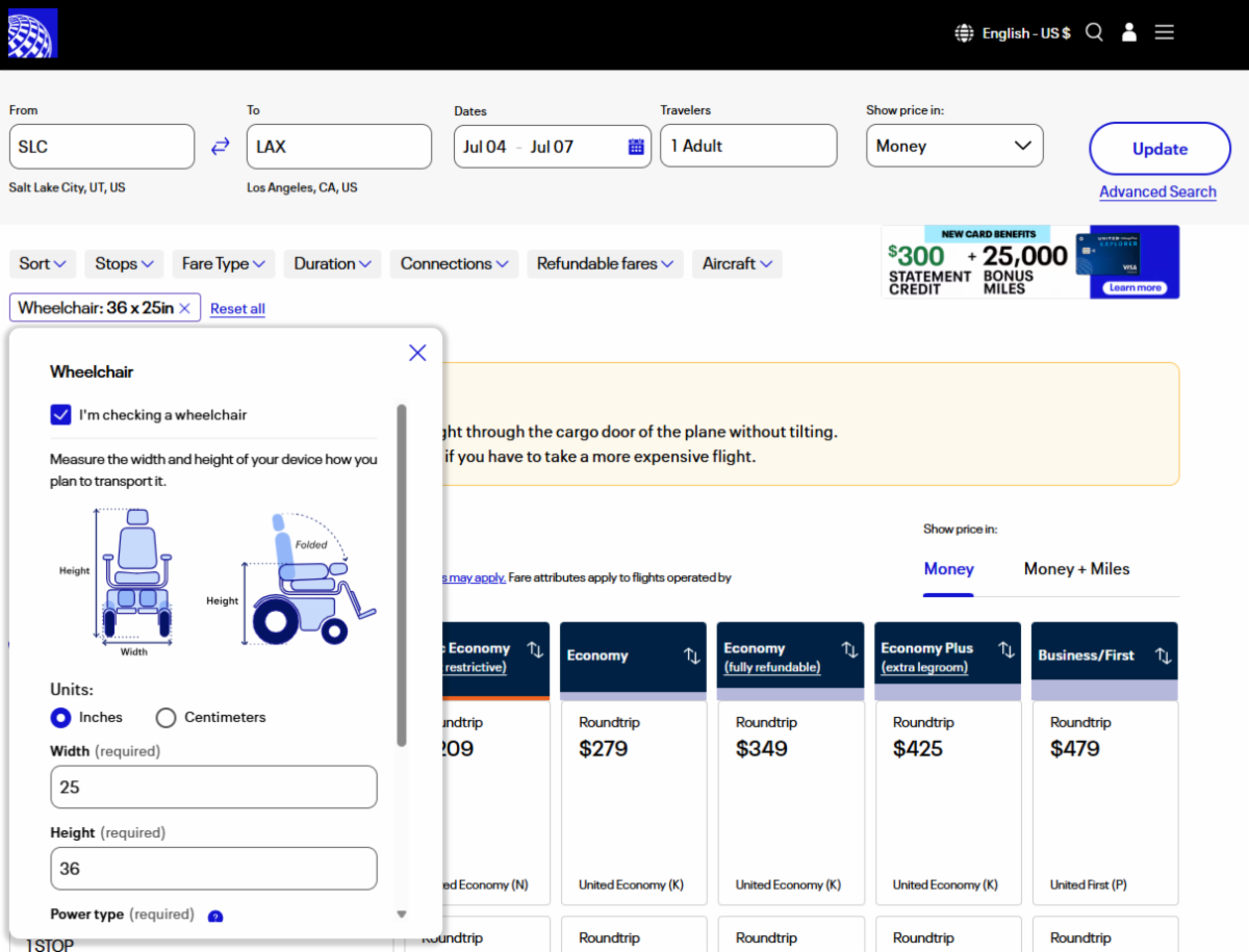 United Airlines flight search tool with wheelchair filter.