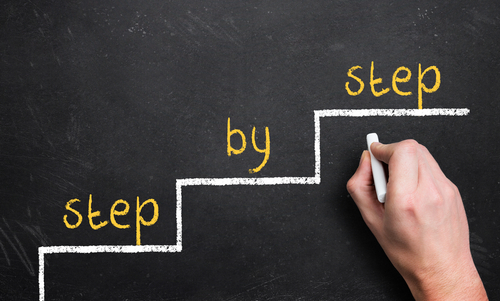 hand sketching a stair and the slogan  step by step