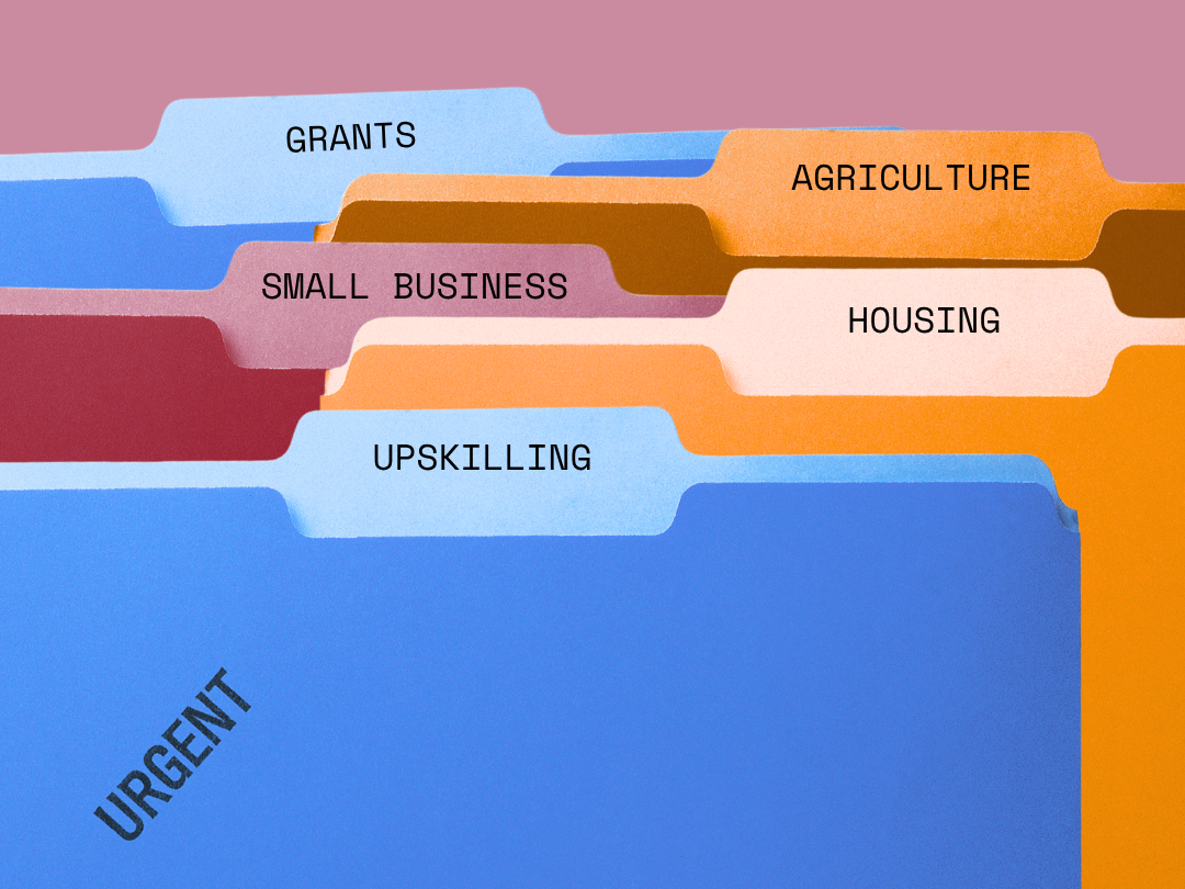 Illustration of folder tabs labeled Grants, Agriculture, Small Business, Housing, Upskilling, and Urgent, representing the Poweshiek Resource Hub categories.