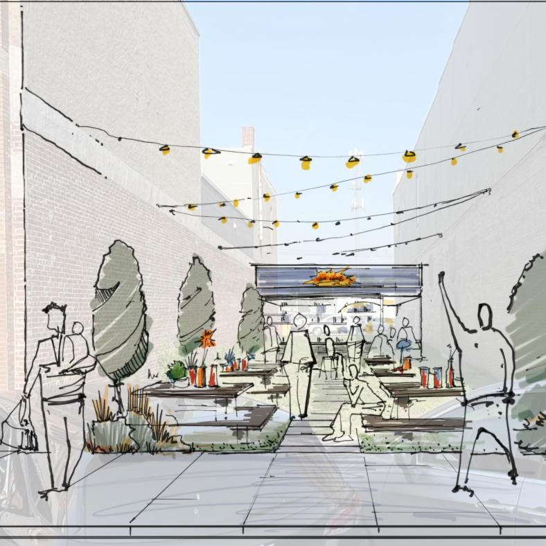 "Concept drawing of a small gathering space at 915 Main Street with string lights, planters, and picnic tables"