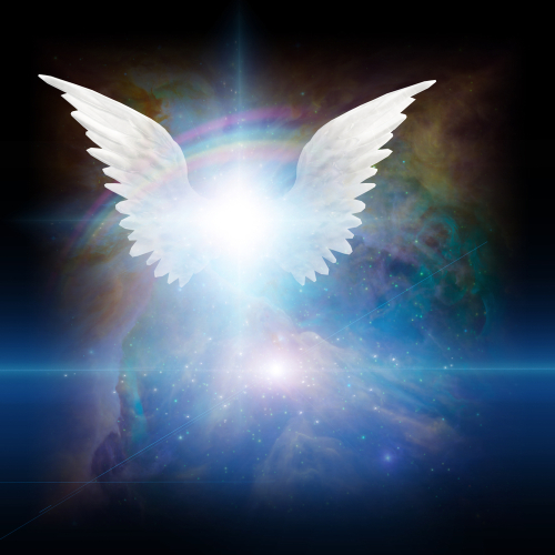 Surreal digital art. Bright star with white angel s wings in vivid colorful universe. 3D rendering