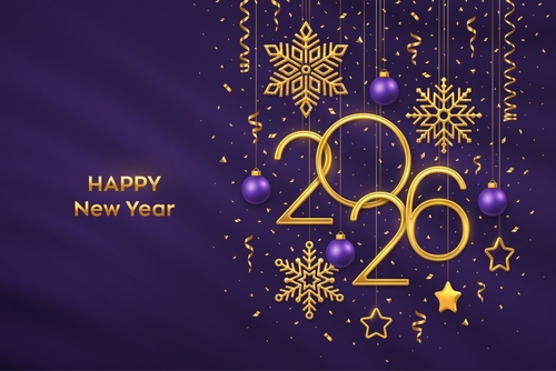 Happy New Year 2026. Hanging Golden metallic numbers 2026 with shining snowflakes_ 3D metallic stars_ balls and confetti on purple background. New Year greeting card or banner template. Vector.