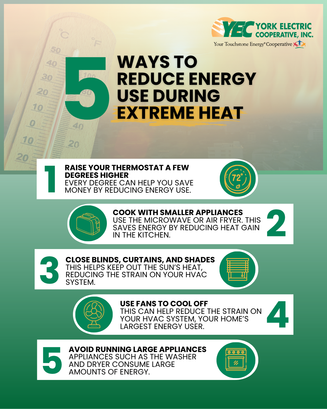 Savings tips: Raise your thermostat a few degrees, cook with small appliances, close window coverings, use fans, avoid using large appliances