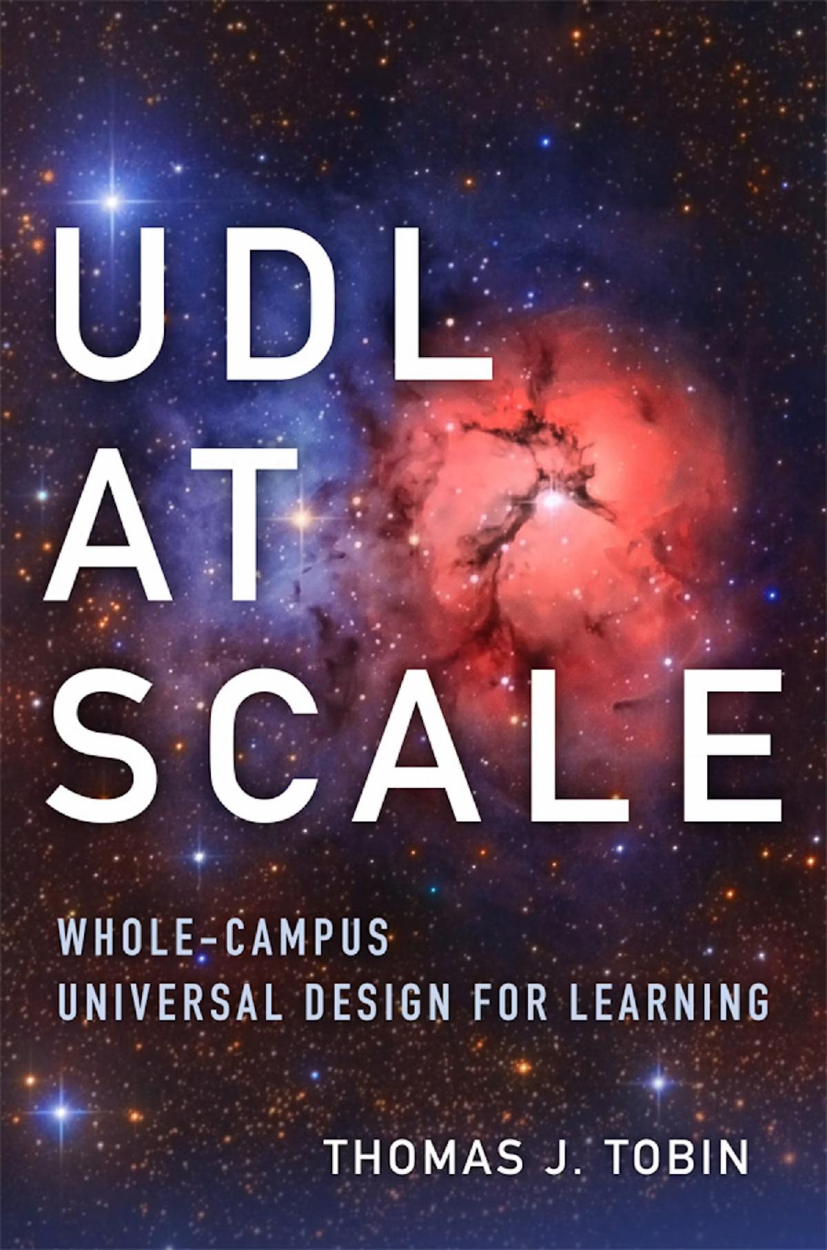 Book Cover - UDL at Scale. Colorful swirls of purple and pink space in the background.